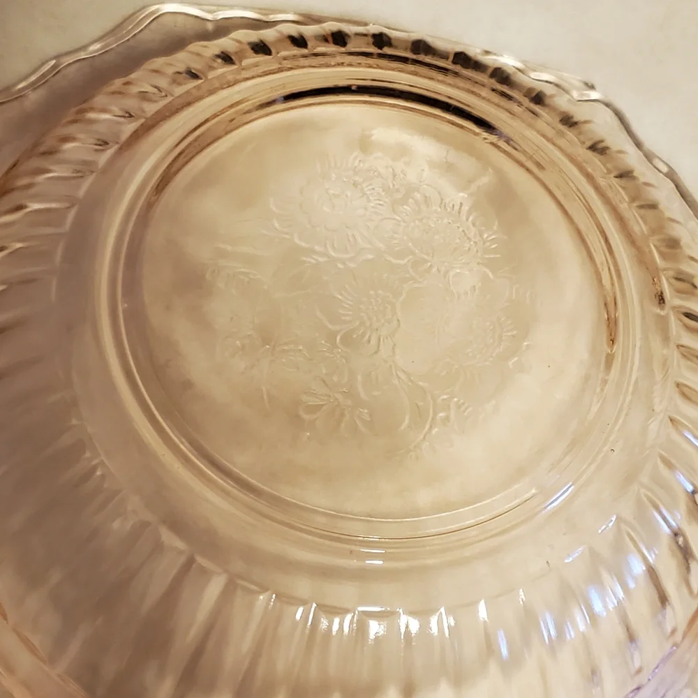 Vintage frosted pink Depression glass square serving bowl with handles